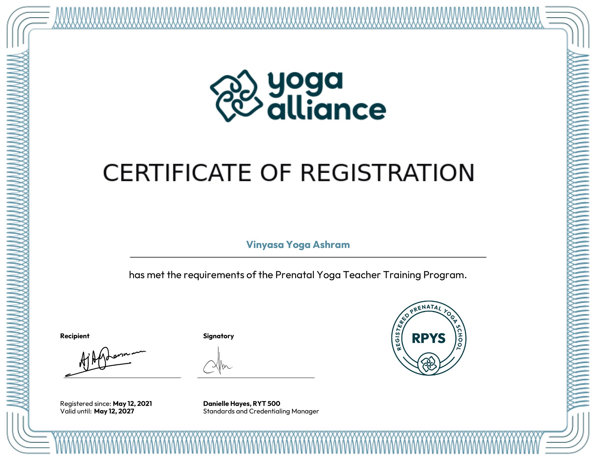 Rpys Certificate Vinyasa Yoga Ashram