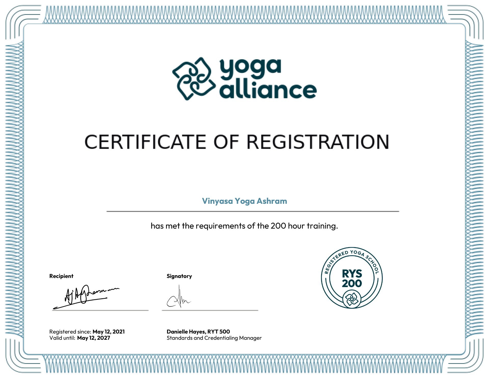 Rys 200 Certificate Vinyasa Yoga Ashram
